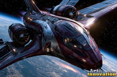 A red and white spaceship flies in orbit high above a blue planet below