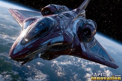 Above Earth orbit, a sleek maroon spaceship glides over clouds and starry space