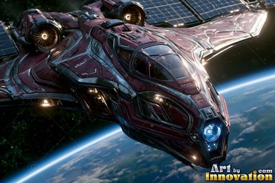 Orbiting high above Earth, a red and silver spaceship angles forward with solar panels spread wide
