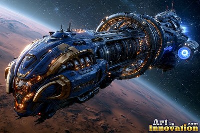 Blue and gold spaceship orbiting over a reddish planet