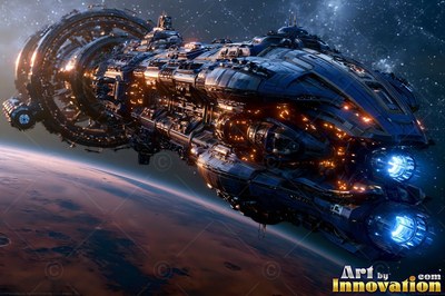 Twin blue engines burn on a heavy spaceship traveling through space over a reddish planet