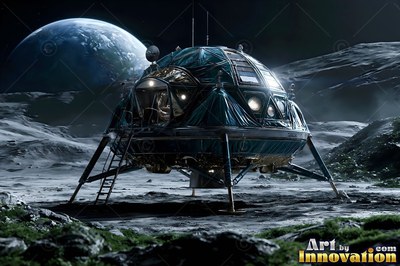 A blue round spaceship rests on the rocky moon under Earth in dark space