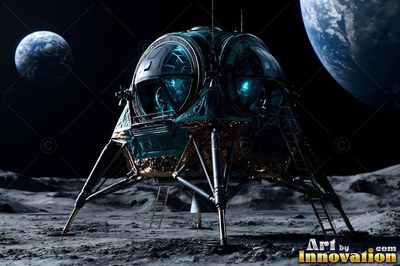 On a cratered moon, a round lunar lander stands below two blue planets