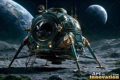 Resting on a gray moon, a round teal and gold lander sits under two planets