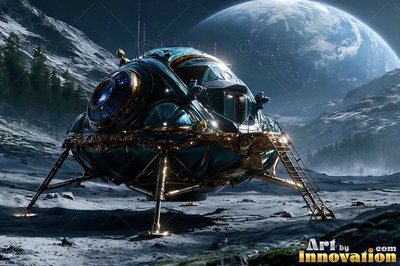 A round teal spaceship resting on a snowy planet below a blue moon