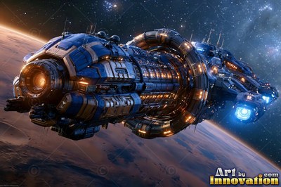 With a thick rotating ring, a blue and gold spaceship cruises in orbit high above a planet