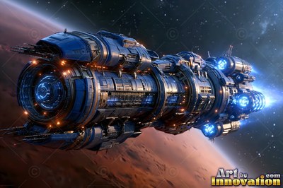 A blue spaceship travels past a red planet, lit by small orange lights along its hull