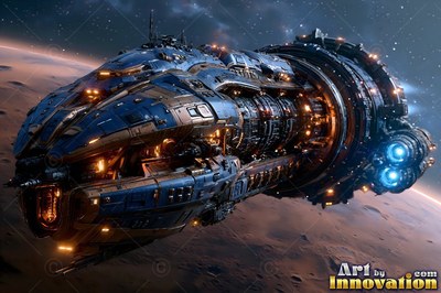 A blue and orange spaceship floats above a dusty brown planet in dark space