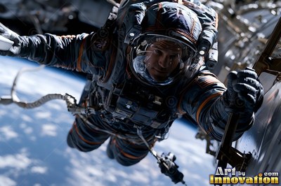 Above the blue Earth, an astronaut floats outside a spacecraft holding a metal rail