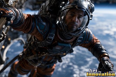 Floating outside in space, an astronaut in an orange and blue suit reaches forward