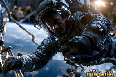 An astronaut in a gray suit holding a tool in orbit