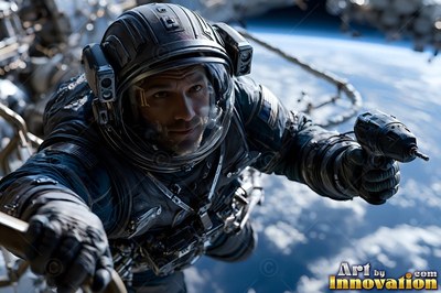 Clear visor showing a smiling face, an astronaut drifts above Earth while holding a drill tool