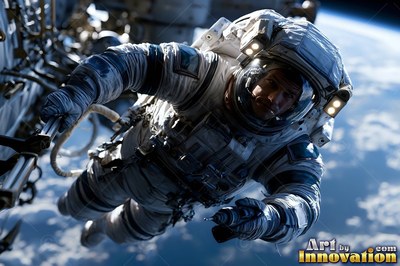 An astronaut floats outside a spacecraft with blue sunlight reflected off the helmet visor