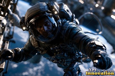 Reaching forward outside a space station, an astronaut floats in an orbit above Earth
