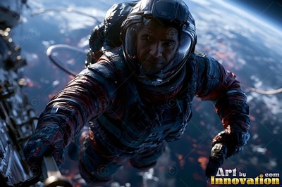 An astronaut floats outside a space station above the blue curve of Earth