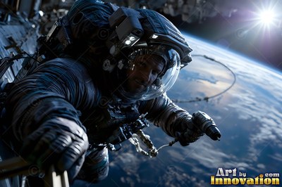 In orbit above the blue Earth, an astronaut works outside with a power drill