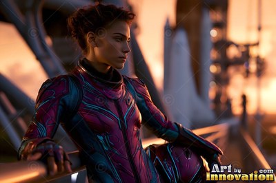 Leaning on a railing, an astronaut in a magenta and blue suit holds a helmet at dusk