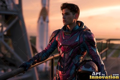 Astronaut in a red and blue spacesuit at a launchpad at sunset