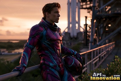Clad in a maroon and blue spacesuit, an astronaut leans on a high rail at sunset