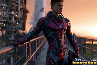 An astronaut walks on a high launch bridge in warm orange dusk light