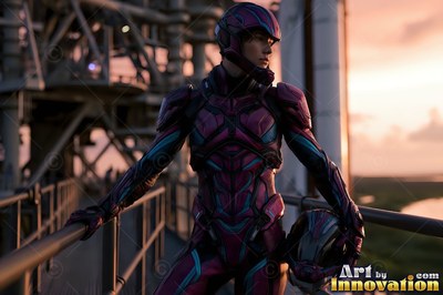 Standing in profile on a launch platform, a suited astronaut holds a helmet at sunset