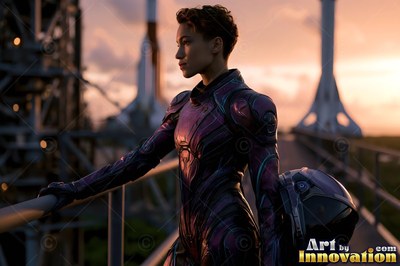 An astronaut in a purple suit stands on a launch platform at sunset holding a helmet