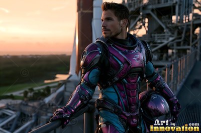 On a high gantry at sunset, an astronaut in purple armor holds a helmet