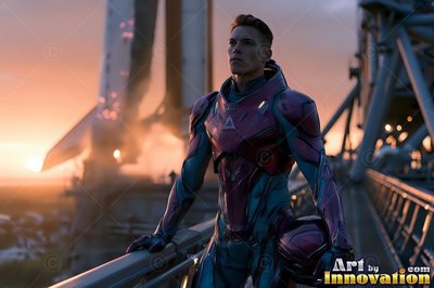 Standing on a metal walkway, an astronaut in a red armored suit holds a helmet at dawn