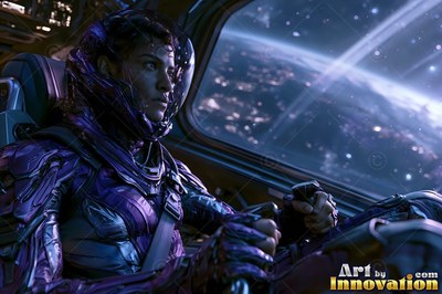 Astronaut in a purple suit pilots a craft in orbit
