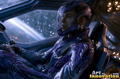 A pilot in a purple helmet sits inside a spacecraft cockpit looking at the stars