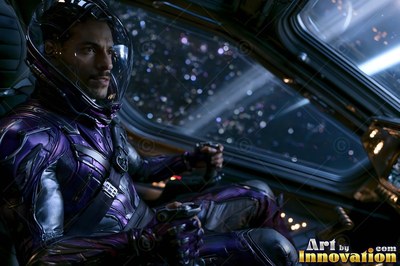 An astronaut steers a spaceship, lit by soft blue light on a glossy purple suit