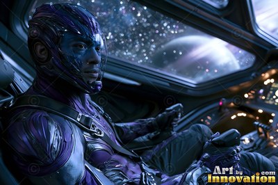 Seated in a cockpit, an astronaut in a purple spacesuit looks forward near a window