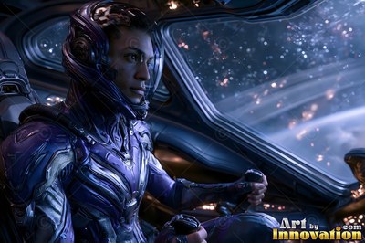 In a spaceship cockpit, a pilot in a purple suit steers by a star-filled window