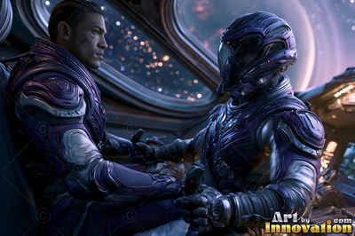 Sitting inside a cockpit, two astronauts in purple spacesuits look at each other