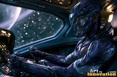 Pilot in a dark purple suit flying a cockpit in space