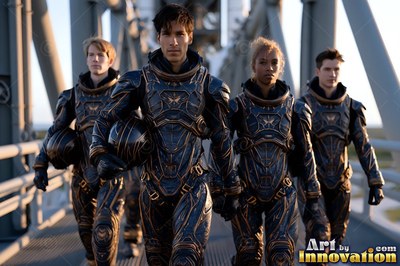 Four astronauts in dark blue and gold suits walk forward on a metal bridge