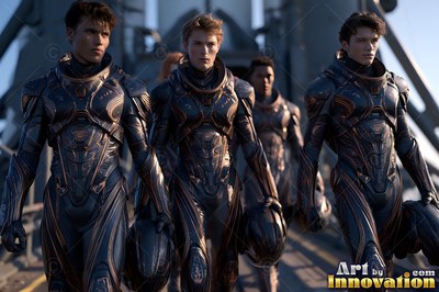 Walking forward together, four astronauts wear dark ribbed flight suits