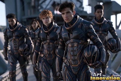 Astronaut crew in dark copper suits walking forward