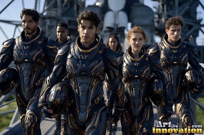 Dark spacesuits with gold trim on an astronaut crew walking along a launch bridge