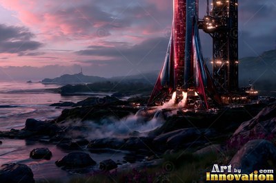 A red rocket vents white steam onto a rocky shore beneath a pink and purple morning sky