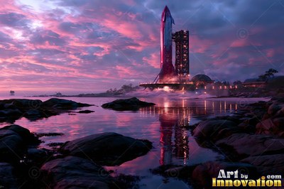 Standing upright on a coastal launch pad, a tall rocket waits under pink dawn clouds