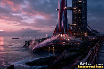 A red rocket stands on an ocean launch pad under pink sunset clouds