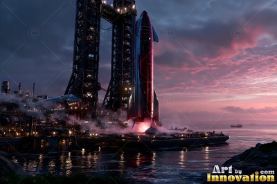 On a dark coastal launch pad , a tall silver rocket fires up under pink clouds