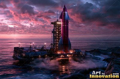 Standing on an ocean platform, a tall red rocket rests beneath a purple sunset sky