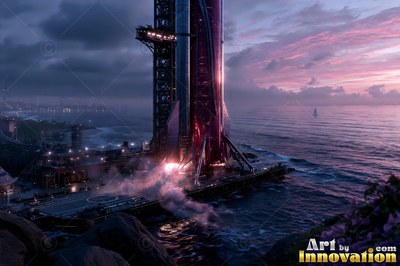 A tall rocket on a seaside launch pad at pink dawn
