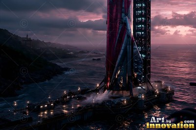 A red and white rocket wrapped in tarps stands on an ocean launch pad at dusk