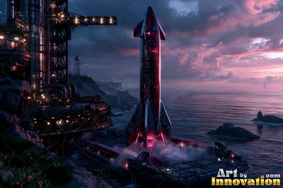 A rocket stands on a coastal launch pad under pink sunset clouds