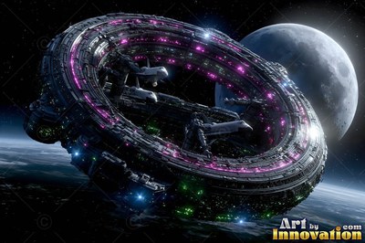 Tilted on its side above Earth, a wheel space station with purple lights