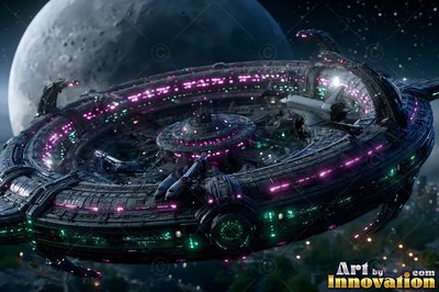 In orbit near a moon, a circular space station shines with pink and green lights