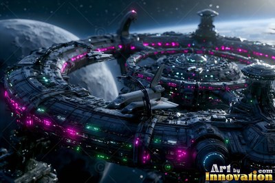 Orbiting above a planet, a ring station shines with pink and green lights